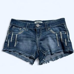 Mid-Rise Rhinestone Denim Jean Shorts w Frayed Hem & White Stitching by Daytrip
